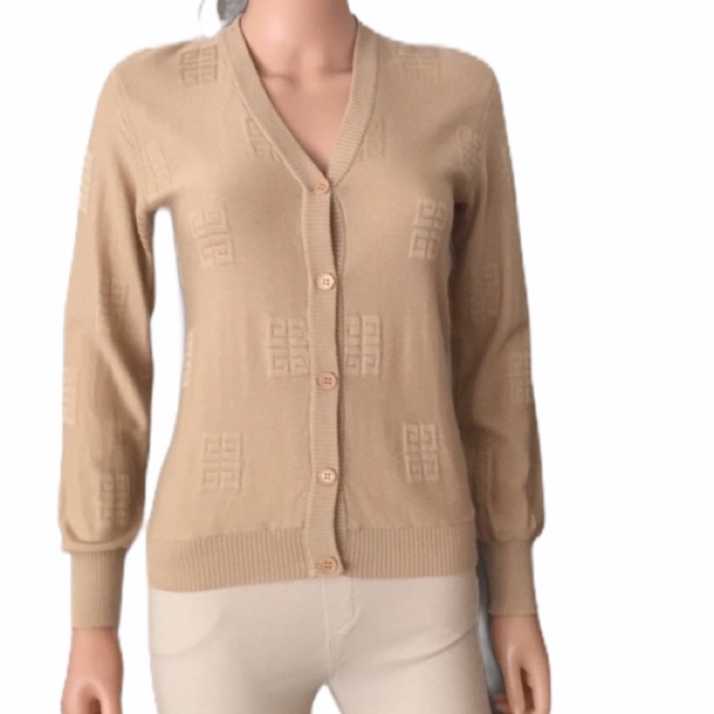 Vintage Givenchy Cashmere Silk Monogram Logo Button Cardigan Sweater Tan